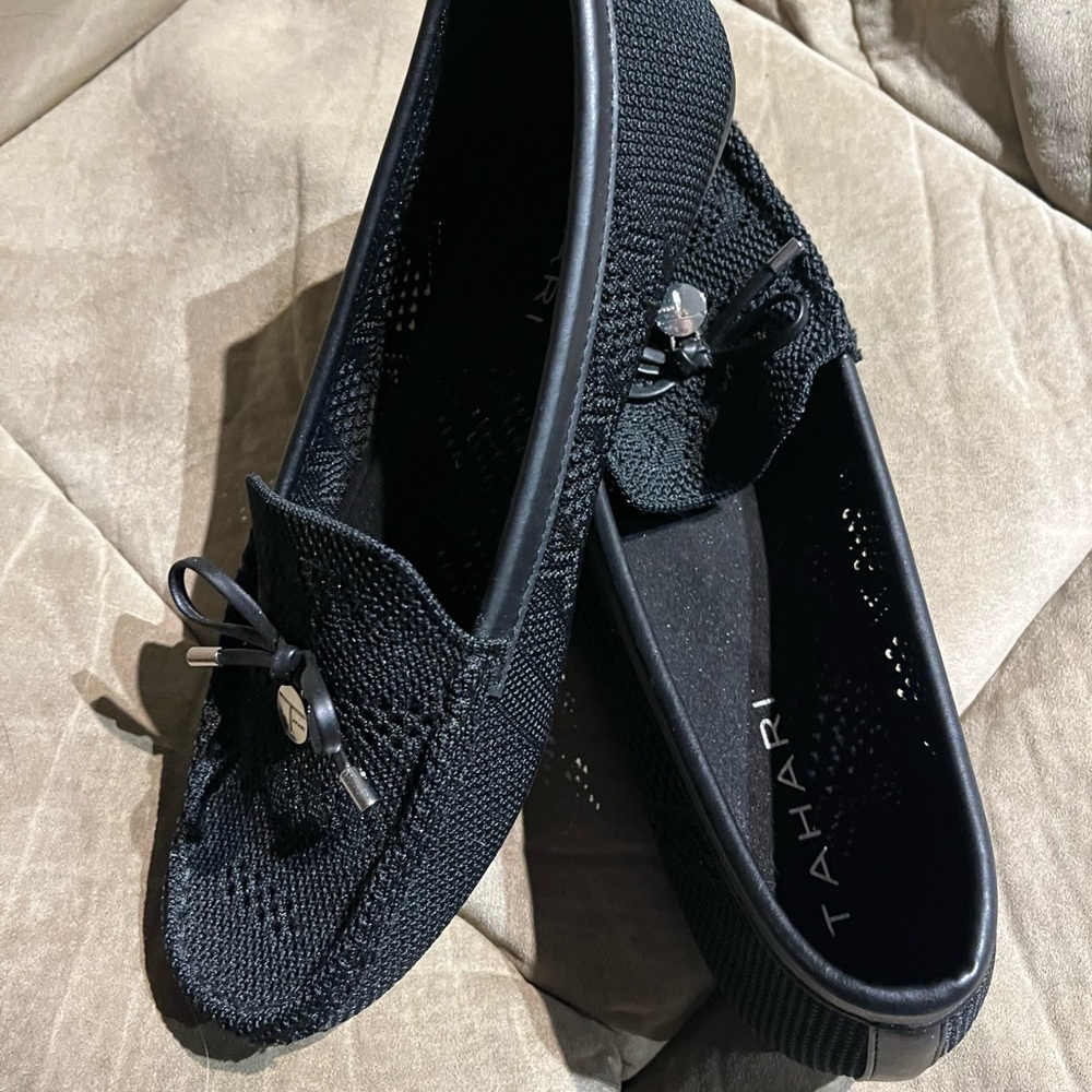 Tahari Black Knit Slip-On Loafers with Bow Accent